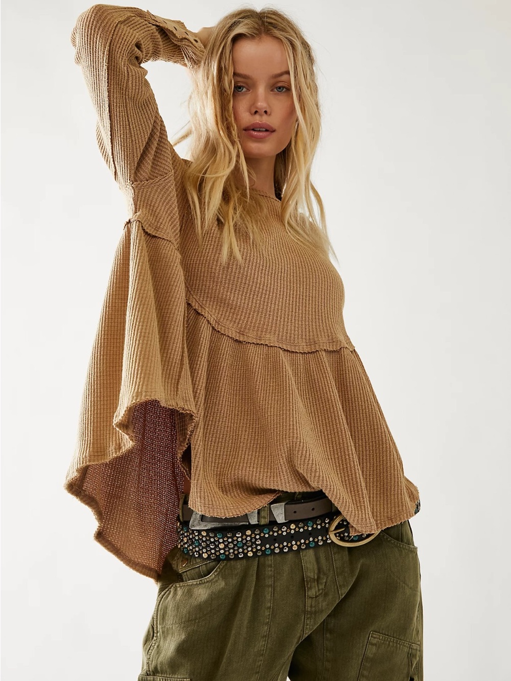 Free People Oh My Babydoll Thermal Camel XS